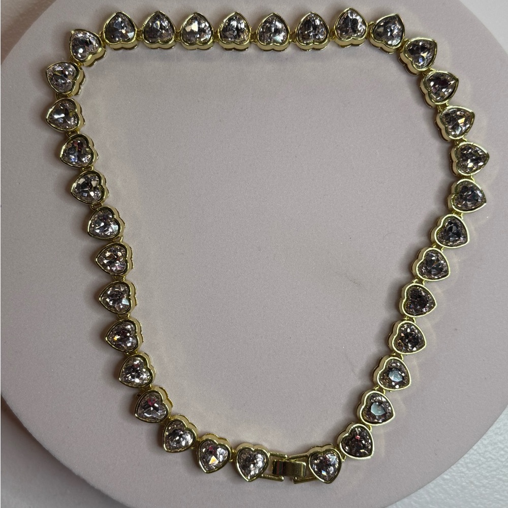 Gold Heart Crystal Tennis Necklace - Clear Stones